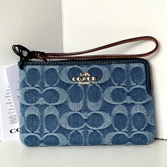 Coach Signature Denim Leather Corner Zip Wristlet Blue
